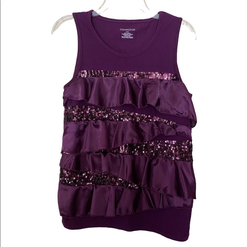 Covington Sleeveless sequins satin ruffle top